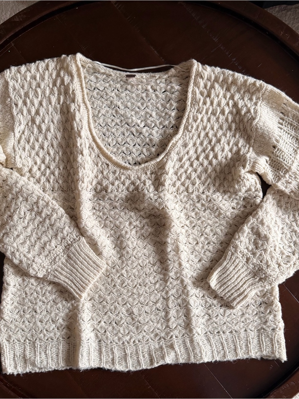 Free People Cream Open-Knit Scoop Neck Sweater